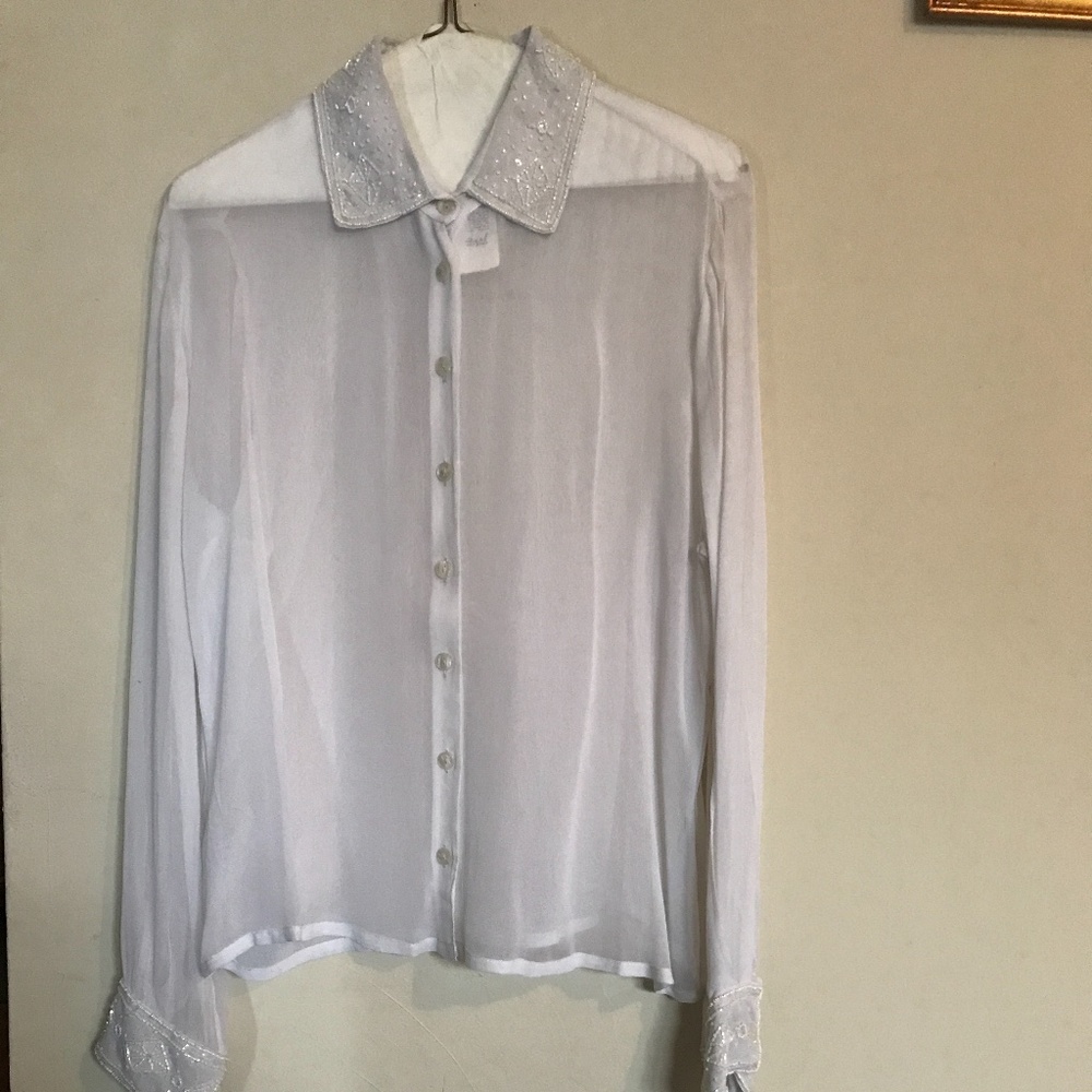 Together Sheer White Blouse w/Beaded and Sequined Collar/Cuffs. Medium. NEW!!